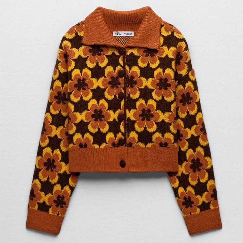 Zara Geometric Knit Jacquard Cropped Sweater Floral sz M